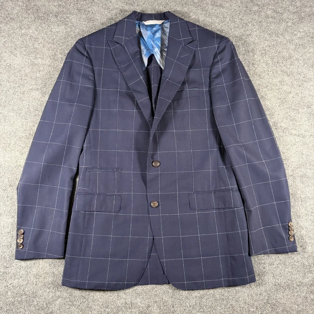 Samuelsohn SB Bristol Suit 41L Blue Windowpane Plaid Loro Piana Wool Pockets